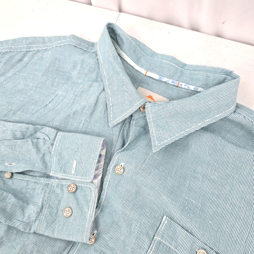 Tommy Bahama Jeans Island Crafted Long Sleeve Flip Cuff Linen Blend 2XL Striped.
